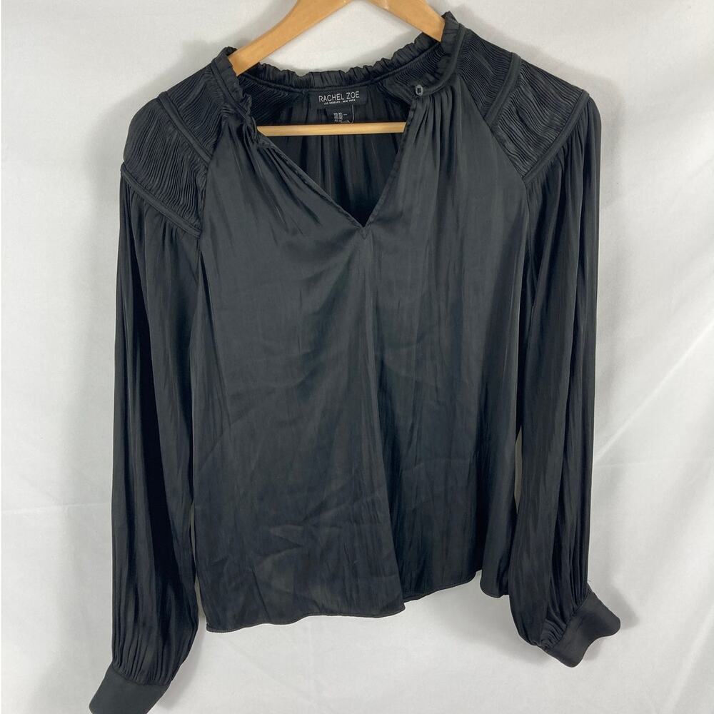 Rachel Zoe Satin Pleated Detail Black Long Sleeve Blouse Size XS